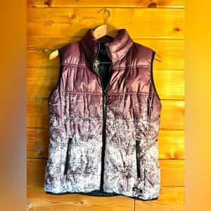 Marc New York vest - burgundy splash, side pockets, and built in hidden hood.